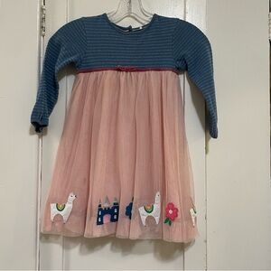 Baby Boden Blue and Pink Dress with Embroidered Llamas and castles size 3-4